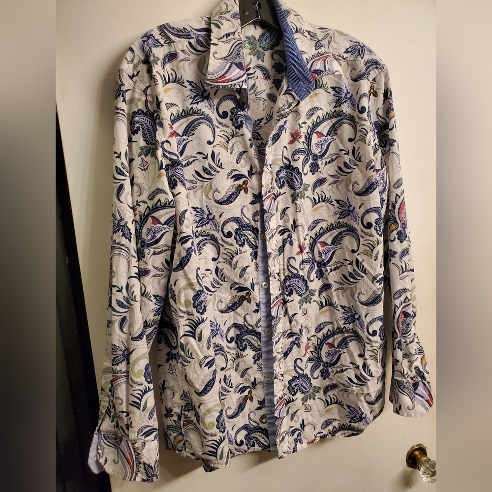 Tasso Elba 17.5" Blue White Paisley Button Down Long Sleeve Shirt 100% cotton